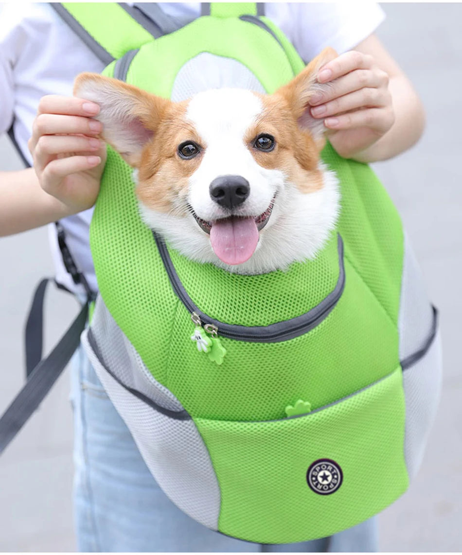 Sac transport frontal chien chat respirant bandes réfléchissantes vert